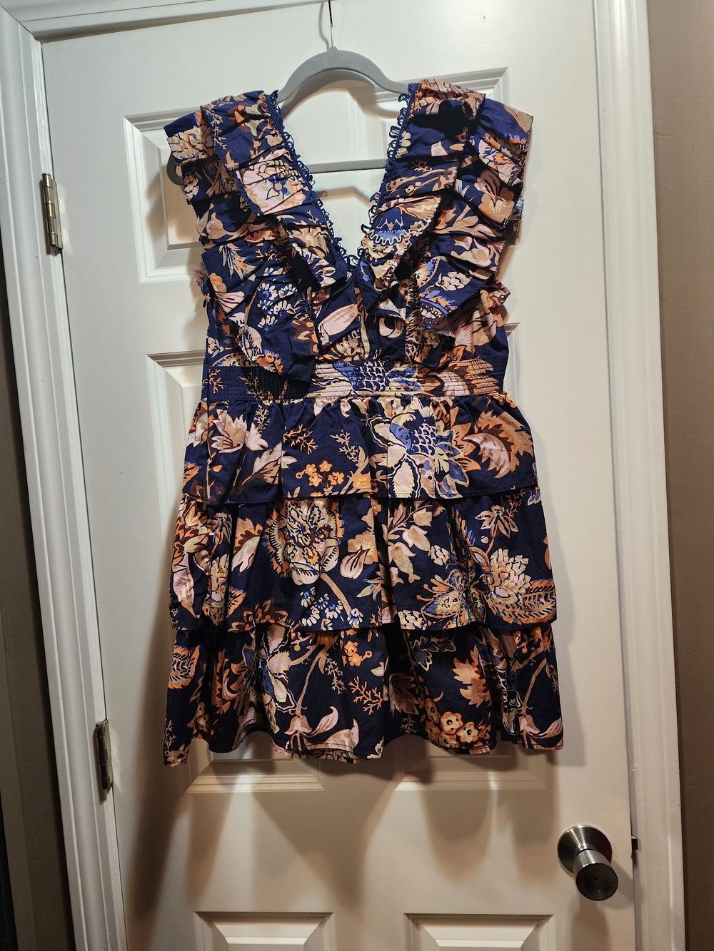 Anthropologie Navy and Peach Floral Ruffle Tiered Mini Dress